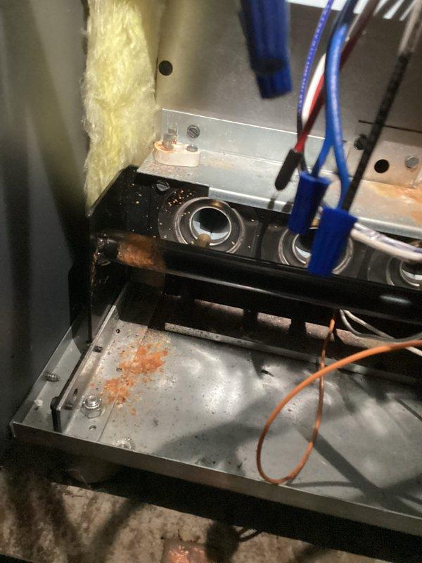 Responded to no-heat call on a 3-year-old furnace that failed to operate. Diagnostic testing revealed a malfunctioning control board and significant rust formation on and around the limit switch. Jumped limit switch during troubleshooting but system continued to display limit fault code, confirming board failure. Recommended replacement of both control board and limit switch due to corrosion damage.