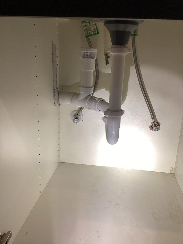Completed installation of drain piping system for lavatory and bar sink, bringing them up to code. Installed three Air Admittance Valves (up to 2" to 3FT) with associated valve, pipe and connections to ensure proper water flow and maintain neutral pressure in the drain system using gravity.