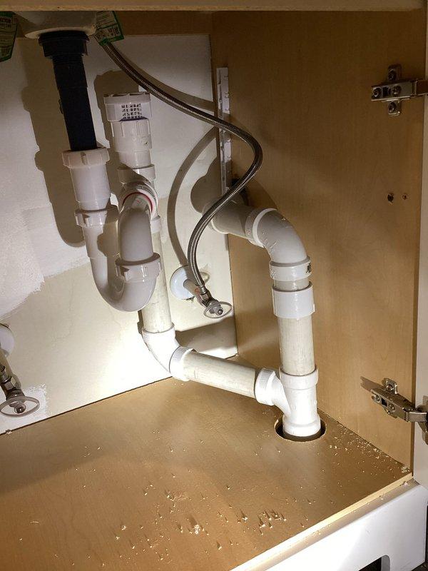 Completed installation of drain piping system for lavatory and bar sink, bringing them up to code. Installed three Air Admittance Valves (up to 2" to 3FT) with associated valve, pipe and connections to ensure proper water flow and maintain neutral pressure in the drain system using gravity.