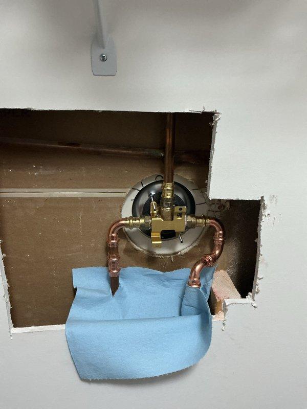 Responded to active water leak in bathroom/bedroom area reported by tenant. Upon inspection, identified a pinhole leak in the brass shower valve causing water to penetrate wall and wet carpet. Cut access to plumbing, removed damaged valve assembly, and replaced shower valve to resolve the issue.