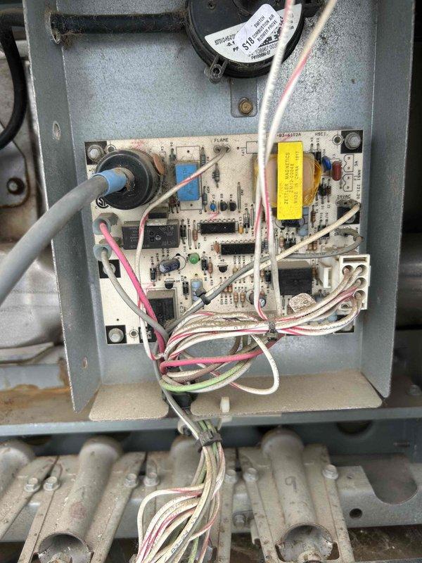 Responded to no heat call where RTU fan was running but blowing cold air. Diagnosed main control board failure preventing power delivery to spark igniter. Temporarily restored operation through reset procedure that customer had been repeatedly performing. Recommended replacement of control board and submitted estimate via email to customer contact.