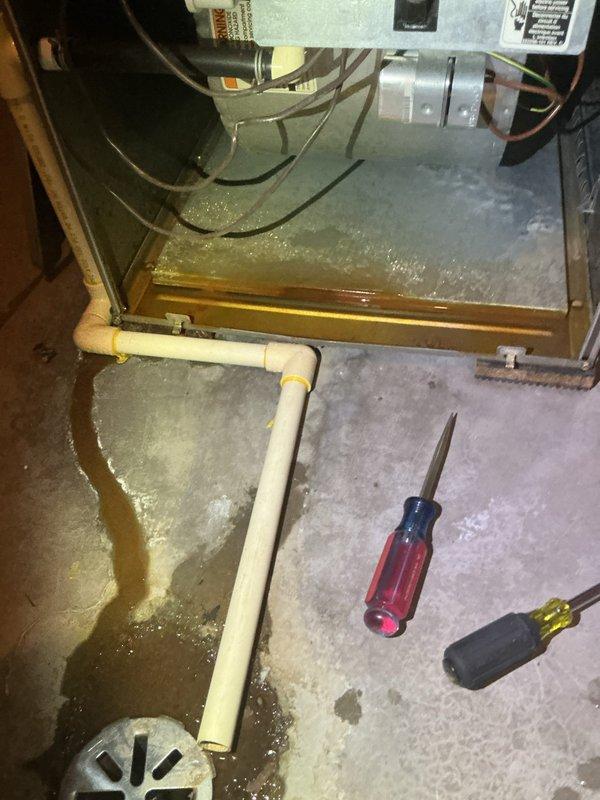 Performed annual maintenance on a 20-year-old Bryant high-efficiency furnace. During diagnostic testing, discovered critical safety issues including a failed secondary heat exchanger and dangerously high carbon monoxide levels in the flue (600+ ppm). Documented evidence of water damage around piping and standing water near equipment. Explained findings to homeowner and recommended immediate consultation with comfort advisor due to safety concerns.