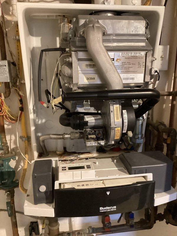 Responded to customer no-heat call for a Buderus boiler system from 2005. Upon arrival, found boiler non-operational. Reset the unit which initiated reducer function but ignition failed. Inspection revealed a severely dirty flame sensor and moderately fouled heat exchanger. After cleaning the flame sensor, boiler operated intermittently, running for approximately 30 minutes before shutting down and restarting. Diagnosed likely insufficient airflow due to heat exchanger contamination. Recommended professional cleaning of heat exchanger to resolve cycling issues. Customer is considering both immediate repair and replacement options given the unit's age.