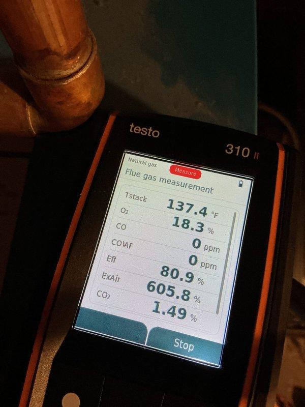 Replaced failed control board and rollout switch on residential heating system. Completed diagnostic testing with Testo 310 analyzer confirming proper system operation with 0 ppm CO readings and appropriate combustion parameters following repair.