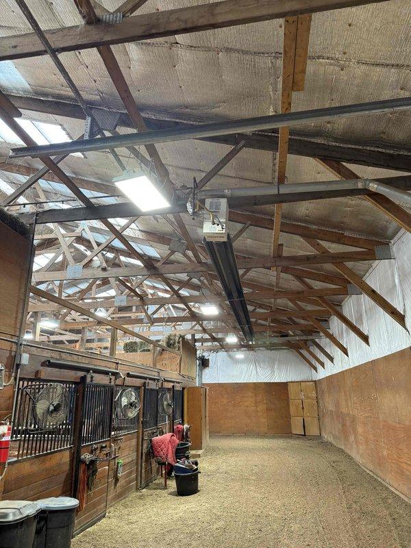 Performed diagnostic service on tubular heater in customer's barn that was non-operational. Inspection revealed pressure switch was stuck, preventing proper ignition. System is difficult to access, requiring ladder to reach overhead unit mounted in stable/equine facility. Discussed replacement options for barn heating units with customer. Also noted gas fireplace in house requires service, but was not addressed during this visit.