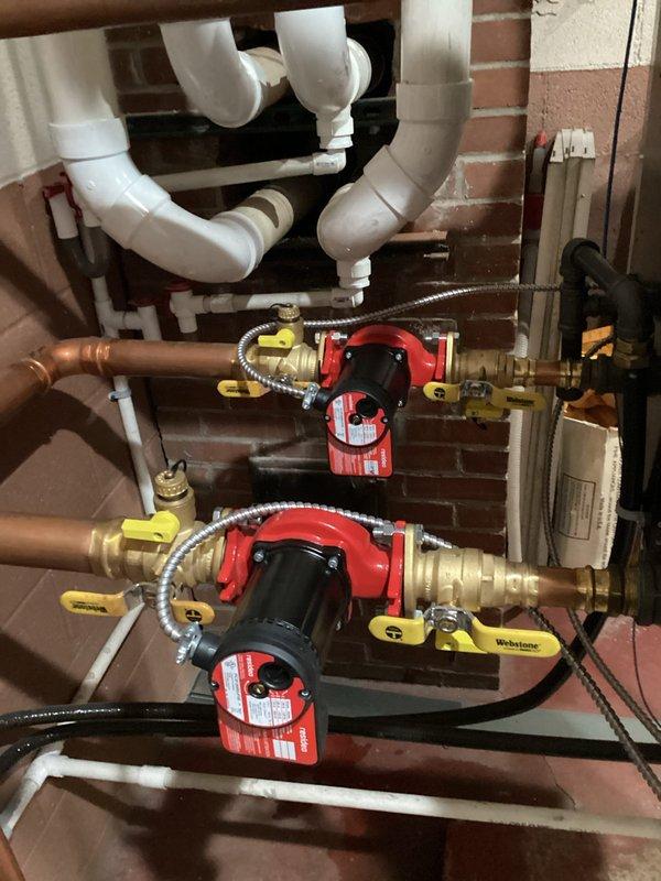 Successfully installed two new red circulator pumps with brass shut-off valves on copper pipes for the boiler system and main maintenance area as per estimate. Reprogrammed thermostat in back office, restoring functionality to the second non-working furnace.