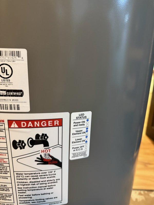 Responded to service call for 50-gallon electric water heater with no hot water. Diagnosed issue as blown fuse in electrical circuit. Verified system components (upper and lower heating elements) were functional, and control panel was operational. Homeowner advised of repair solution and will replace fuse independently.