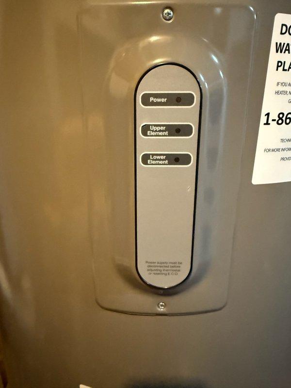 Responded to service call for 50-gallon electric water heater with no hot water. Diagnosed issue as blown fuse in electrical circuit. Verified system components (upper and lower heating elements) were functional, and control panel was operational. Homeowner advised of repair solution and will replace fuse independently.