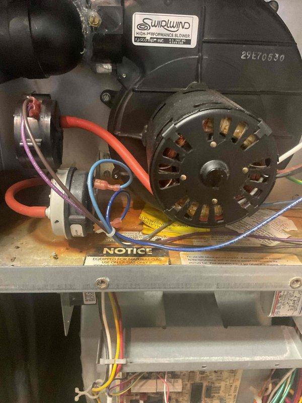 Performed routine furnace maintenance on approximately 20-year-old system featuring a Whirlwind high performance blower. Found and replaced dirty air filter, ensuring proper airflow through the system. Inspected blower motor assembly and ductwork, confirming all components in working order with no visible damage.