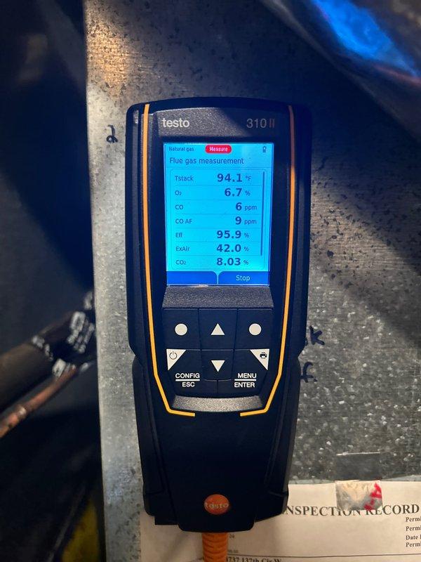 Performed tune-up inspection on Trane furnace. Diagnostic testing with Testo 310 II analyzer revealed compromised heat exchanger despite 95.9% efficiency readings. Identified and removed blocked damper affecting airflow to basement. Adjusted remaining dampers to improve circulation. Due to heat exchanger issues, removed control board and scheduled follow-up estimate for furnace replacement.