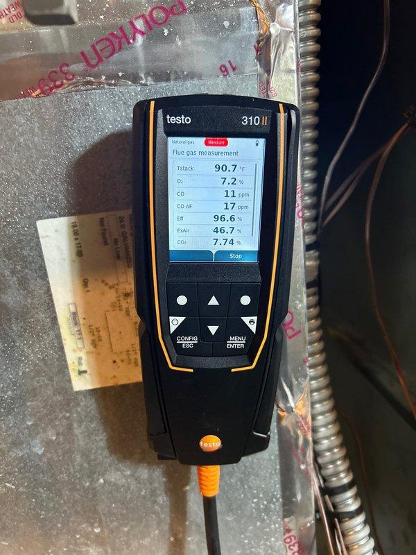 Performed scheduled maintenance on 3-year-old Carrier furnace. Combustion analysis showed excellent efficiency at 96.6% with safe CO levels (11 ppm). Serviced key components including cleaning flame sensor, verifying ignitor operation, and checking electrical connections. System is operating safely with proper gas pressure, clear condensate drains, and normal amp draws on blower and inducer motors. Enrolled customer in maintenance program.