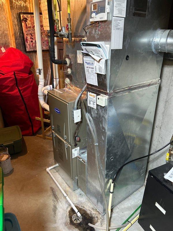 Performed scheduled maintenance on 3-year-old Carrier furnace. Combustion analysis showed excellent efficiency at 96.6% with safe CO levels (11 ppm). Serviced key components including cleaning flame sensor, verifying ignitor operation, and checking electrical connections. System is operating safely with proper gas pressure, clear condensate drains, and normal amp draws on blower and inducer motors. Enrolled customer in maintenance program.