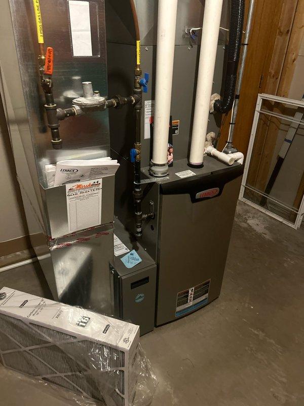 Performed 8-12 furnace tune-up on 4-year-old Lennox system. Confirmed proper operation with 96.2% efficiency and safe CO levels (14 ppm). Serviced system including flame sensor cleaning, ignitor verification, filter inspection, and condensate drain clearing. All electrical components, gas pressure, and motor amp draws tested within normal operating parameters.
