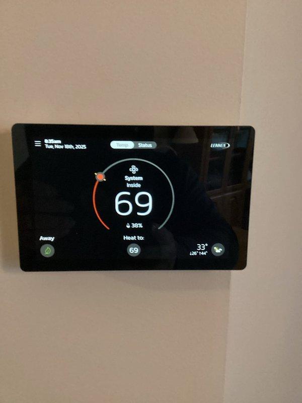 Responded to customer complaint of loud banging noise from vents during furnace operation in a recently installed system. Removed vent diffusers and adjusted accessible ductwork. Cycled system multiple times with no recurrence of noise. Verified thermostat functioning properly at 69°F setpoint with system responding appropriately.