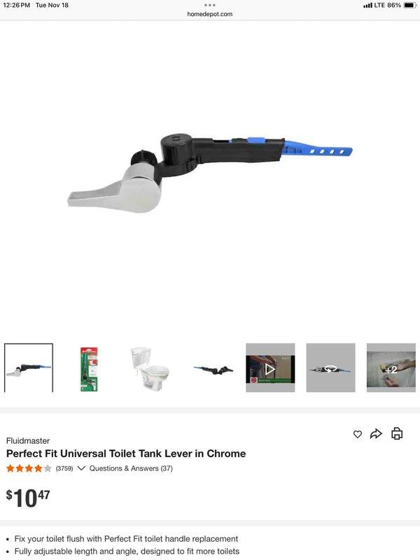 Responded to service call for broken toilet handle. Inspected toilet, confirmed damaged flush mechanism, and replaced with new Fluidmaster Perfect Fit Universal Toilet Tank Lever in Chrome to restore proper flushing functionality.