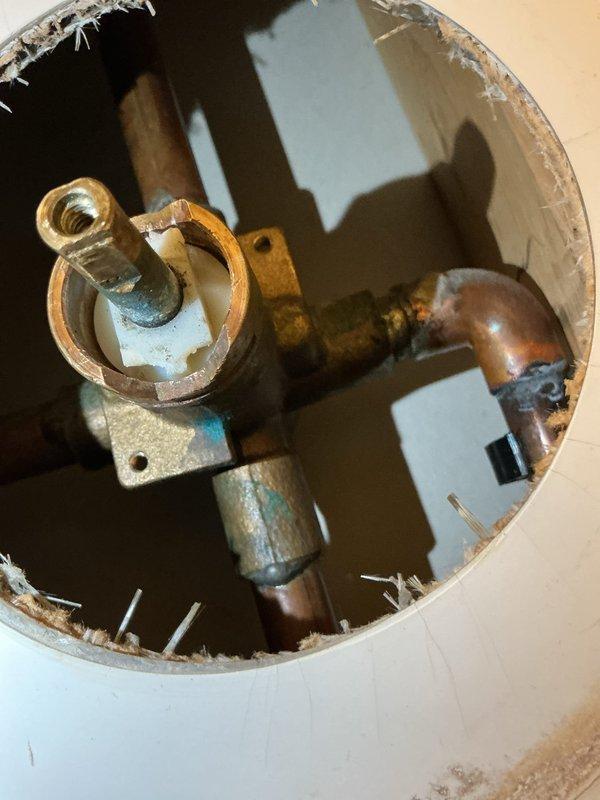 Responded to no-water situation where customer attempted shower cartridge replacement. Found severe corrosion had caused cartridge to break inside valve assembly. After inspection, determined entire shower valve requires replacement due to irreparable damage to internal components.