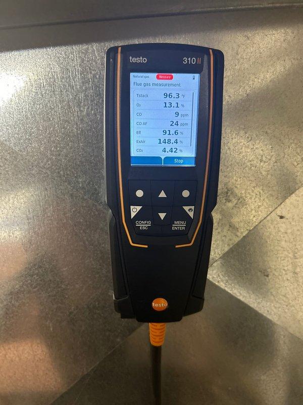 Performed scheduled biannual Family Rewards maintenance on Lennox furnace system. Conducted comprehensive combustion analysis with Testo 310 II analyzer showing optimal performance (91.6% efficiency, CO: 9ppm, CO₂: 4.42%). Inspected control board and wiring connections - all components in good working condition with system heating effectively. No repairs needed at this visit.