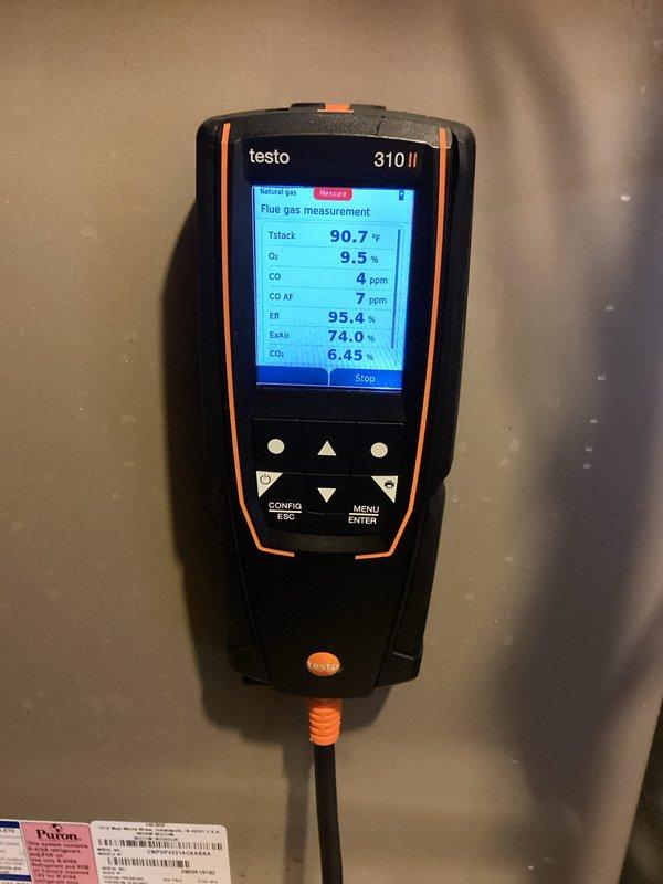 Performed furnace safety inspection on 16-year-old Bryant system. Conducted comprehensive flue gas analysis with readings of 95.4% efficiency, 4ppm CO, and appropriate stack temperatures. Inspection revealed compromised secondary heat exchanger, which is a known issue with this model. Documented condition with photos and informed customer of findings, but customer declined replacement options.