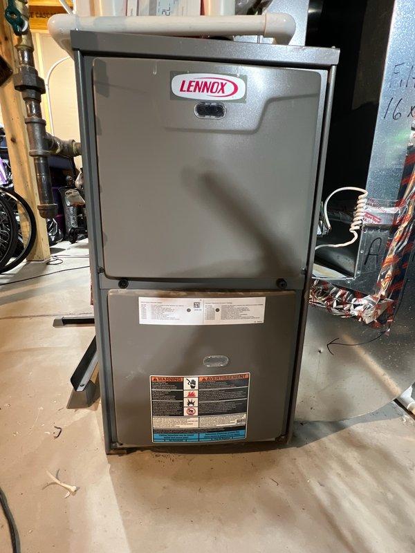 Completed scheduled furnace tune-up on 7-year-old Lennox furnace. Identified and replaced leaking collector box. System was restored to proper working condition with all connections verified and operation tested.