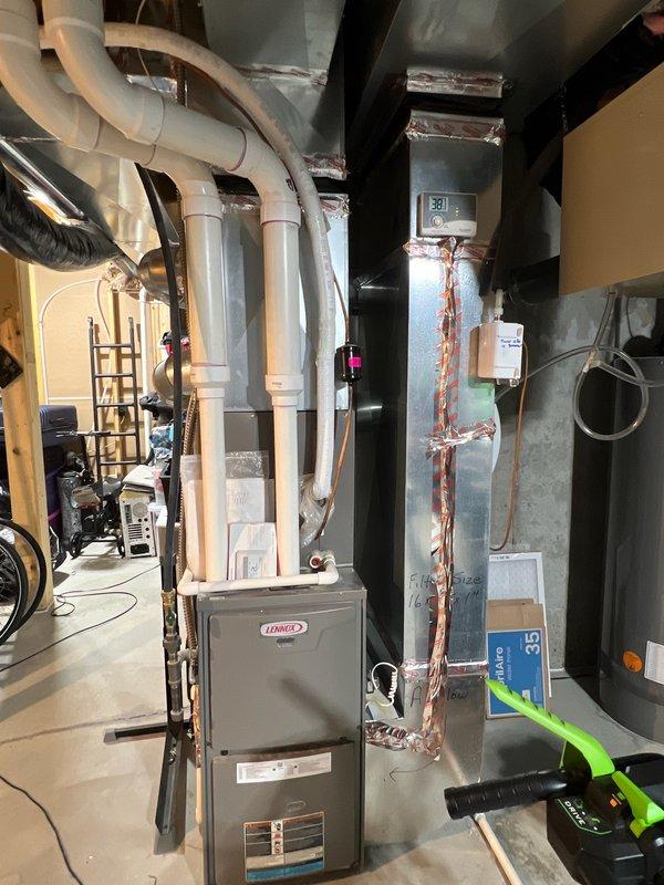 Completed scheduled furnace tune-up on 7-year-old Lennox furnace. Identified and replaced leaking collector box. System was restored to proper working condition with all connections verified and operation tested.