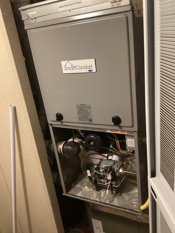 Responded to no heat call for a SmartComfort unit where igniter and flame sensor wires had fallen in front of burner and melted through. Repaired damaged wiring connections and verified proper system operation. Identified collector box leak at inducer seal and condensate drain; recommended replacement. Heat exchanger inspection showed no compromises.