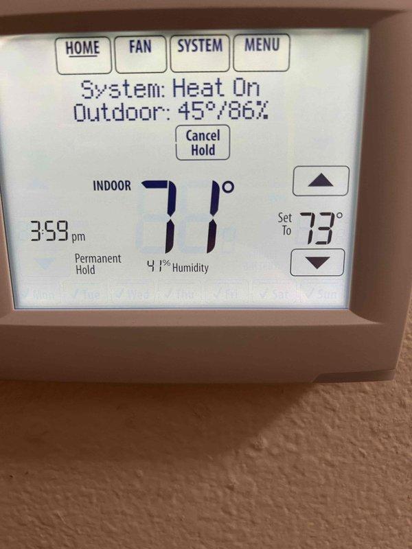 Responded to a heat pump short cycling complaint. Performed system diagnostics and monitored operation for 30 minutes; confirmed proper functionality with no error codes and verified a 24° temperature split. Checked humidifier operation which was maintaining proper humidity levels (41% with thermostat set at 40%). Ran full test cycle with no issues detected. All systems operating within normal parameters.