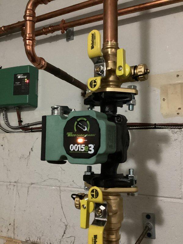 Diagnosed loud whistling/humming noise occurring during heating cycles. Identified failing Taco 0015-3 circulation pump as the source, with sound amplified through copper distribution lines. Completed temporary repair and documentation, submitted parts order for replacement pump, and scheduled follow-up service to complete permanent repair.