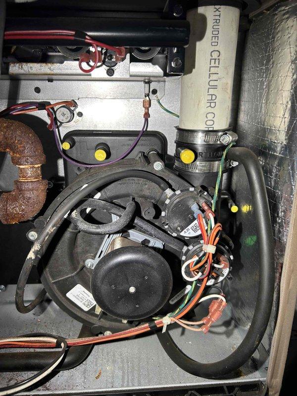 Performed comprehensive HVAC tune-up on 5-year-old furnace reported to have previously failed a combustion safety test. Inspection revealed extremely corroded and rusty burners contributing to high CO readings. Thoroughly examined heat exchanger (showing some rust but no cracks or holes), verified normal gas pressure, and confirmed proper operation of inducer and blower motors. Cleaned condensation trap and inspected flue pipe with no issues found. Replaced deteriorated burners to resolve the combustion safety concern and ensure proper system operation for the heating season.