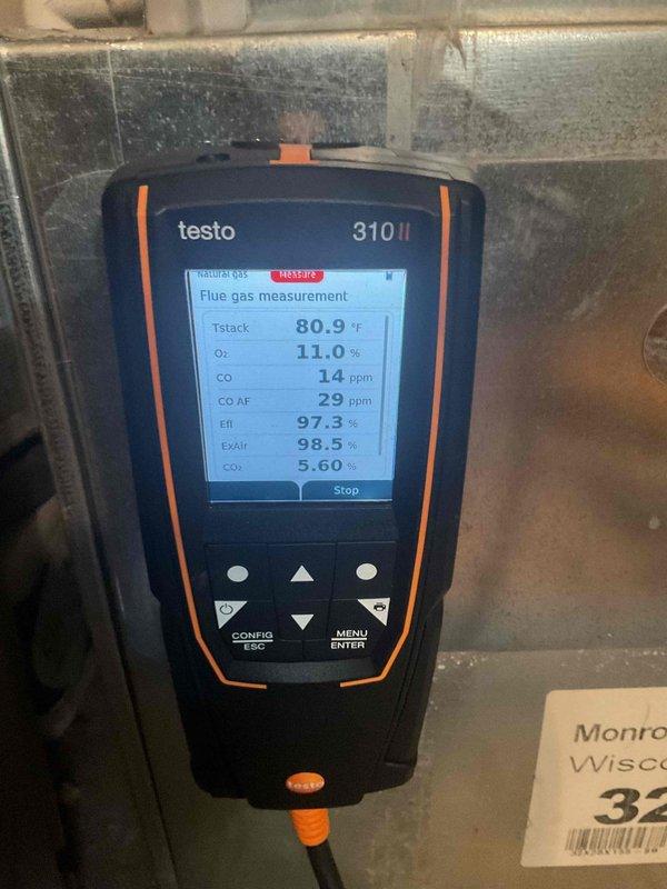 Performed annual furnace tune-up on 4-year-old unit. Conducted comprehensive diagnostic testing with Testo 310 II analyzer confirming optimal performance (97.3% efficiency, CO levels within safe parameters at 14 ppm). Replaced dirty air filter to maintain proper airflow and system efficiency.