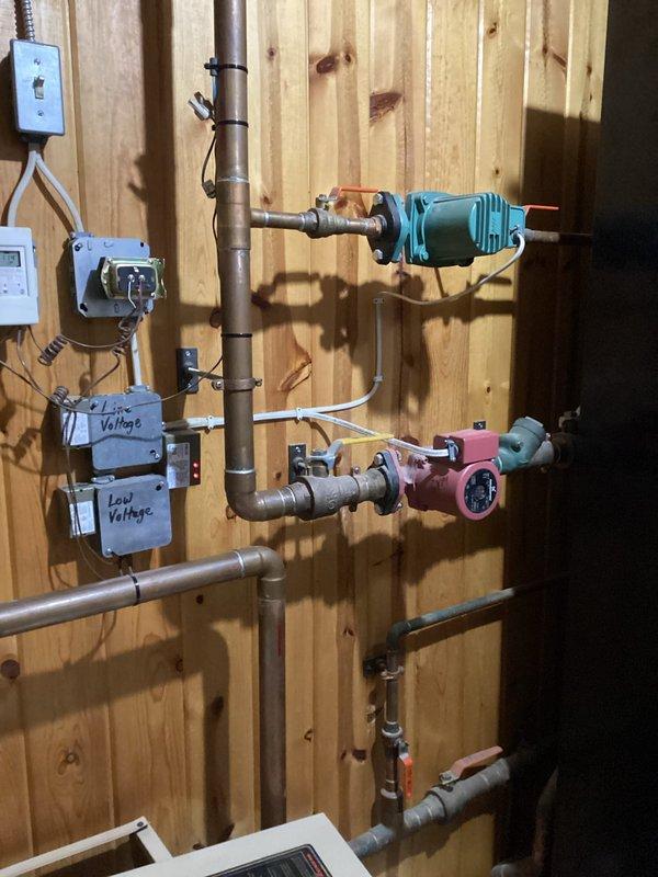 Responded to service call for non-starting boiler system in gym. Discovered low system pressure and refilled system, but unit continued to overheat. After assessment, determined potential circulation pump failure preventing proper water movement through the system. Temporarily resolved overheating by adjusting valve positions to force full system circulation, which successfully restored heating to the building. Recommended follow-up visit by senior boiler technician to conduct comprehensive diagnosis and address potential pump issues.