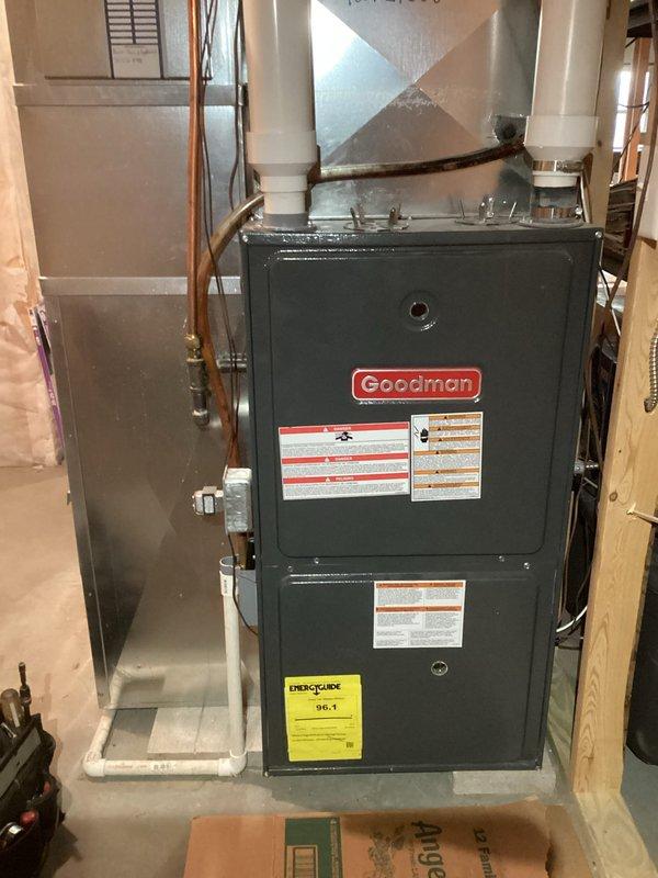 Completed maintenance service on Goodman forced air LP gas furnace. Performed comprehensive inspection including heat exchanger evaluation with no defects found. Cleaned flame sensor and condensate system; furnace is in good overall condition with no operational issues identified.