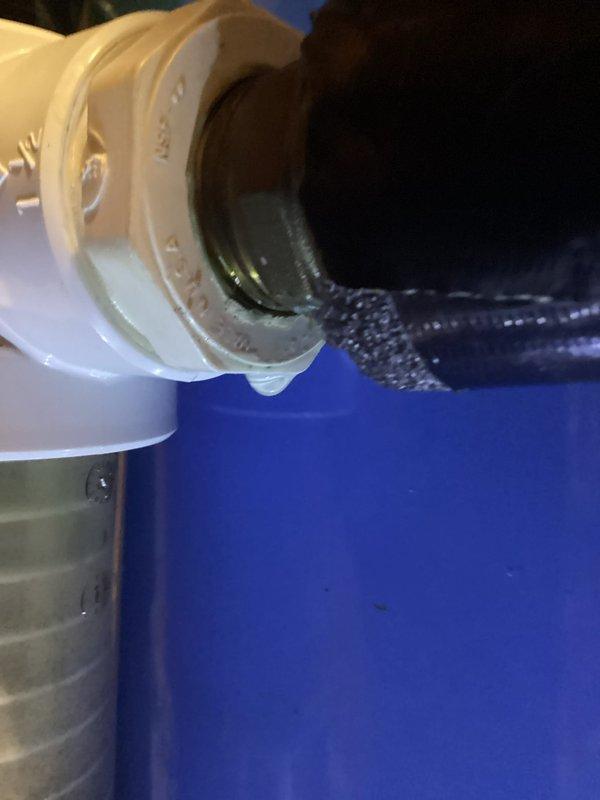 Replaced cracked PVC bushing on Rusco R500 sediment filter system which was actively leaking. Installed new filter assembly and re-piped connections to ensure proper operation and eliminate water leakage.