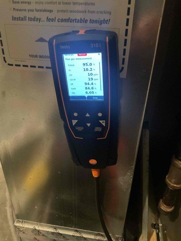 Performed routine furnace tune-up on 14-year-old system. Identified and replaced dirty air filter. Conducted combustion analysis with Testo 310 II, confirming proper operation with 94.4% efficiency and acceptable CO levels (30ppm). All systems functioning normally.