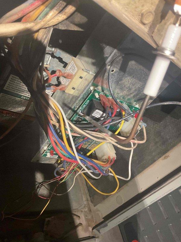 Performed routine maintenance tune-up on 21-year-old forced air system. System was operational with no functional issues noted. Replaced existing flexible exhaust duct with recommended hard pipe ducting to improve efficiency and safety. Inspected electrical connections and verified proper wiring at circuit board terminals.