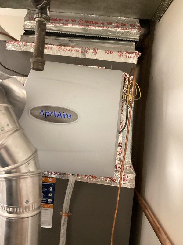 Successfully installed new AprilAire whole-home humidifier with dedicated water line, shut-off valve, and outdoor sensor. System was fully tested and verified to be functioning correctly. During installation, identified and repaired a gas leak to ensure safe operation of the HVAC system.