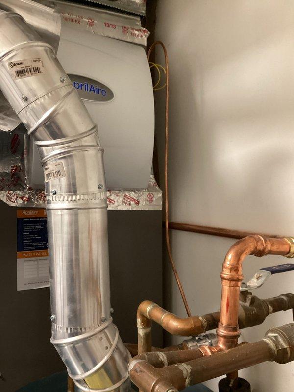 Successfully installed new AprilAire whole-home humidifier with dedicated water line, shut-off valve, and outdoor sensor. System was fully tested and verified to be functioning correctly. During installation, identified and repaired a gas leak to ensure safe operation of the HVAC system.