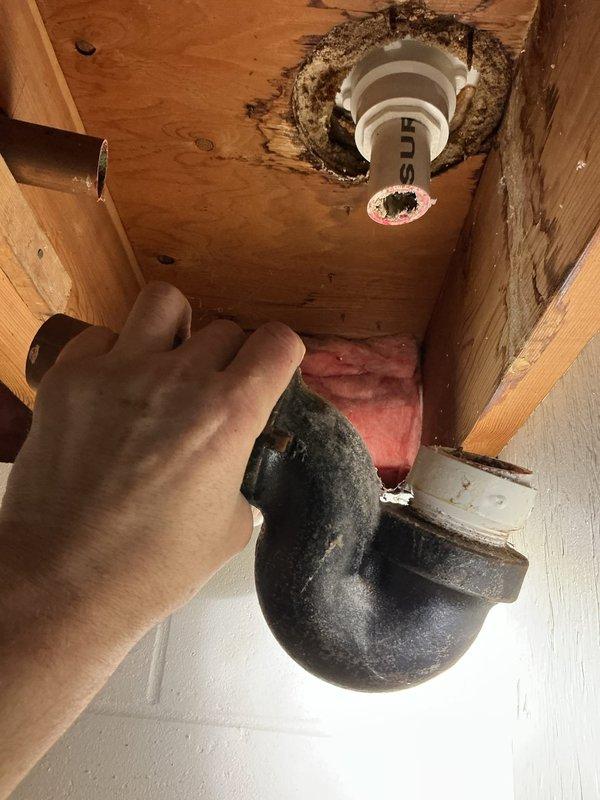 Resolved clogged shower drain by diagnosing and replacing damaged P-trap. Identified significant water damage and mold growth in the surrounding wooden enclosure where moisture had been leaking through pipe penetration. Installed new trap assembly to restore proper drainage functionality.