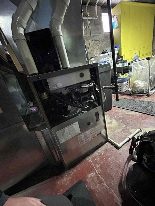 Responded to customer's no-heat complaint following water treatment installation. Diagnosed furnace reaching high limit switch during extended cold weather runtimes, causing system lockout. Performed system inspection while monitoring operation, measured supply temperature (132°F), and increased blower speed to improve heat transfer and prevent future limit trips.