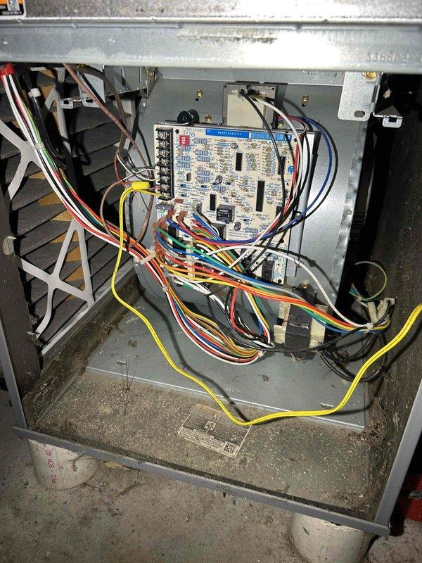 Serviced two malfunctioning furnaces over 15 years old. Furnace #1: corrected misrouted R-lead wiring through condensate pump, removed decomposed rodent from blower wheel, cleaned affected areas, verified heat exchanger integrity and safe CO levels, and replaced faulty condensate pump to restore proper drainage. Furnace #2: identified incorrect wiring, discovered damaged condensate pump motor with intermittent arcing at 120V outlet, repaired gas leak confirmed with detector and soap bubble testing, recommended electrical repairs for outlet/wiring hazard.