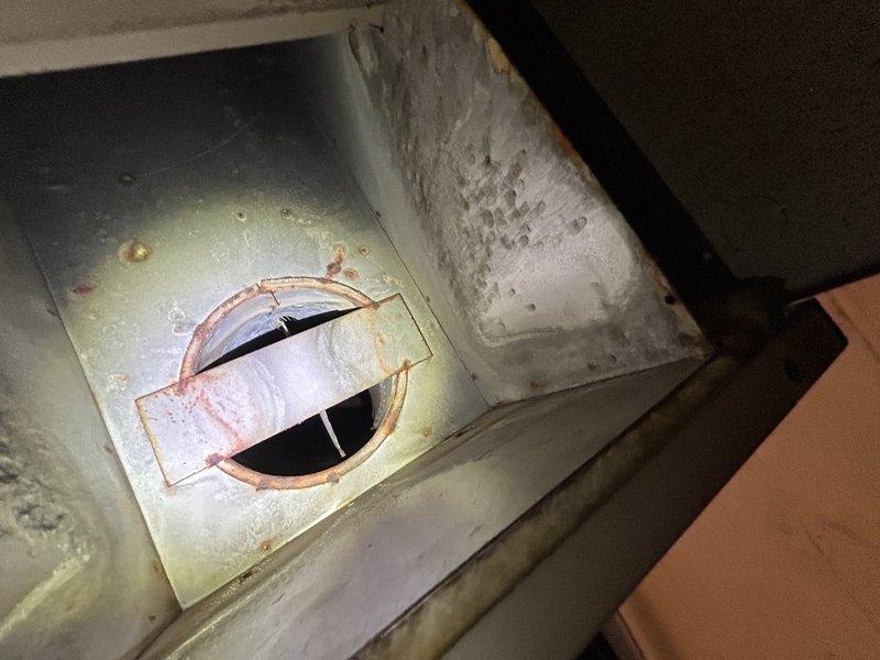 Responded to no-heat call on 10-year-old furnace experiencing intermittent operation. Discovered loose T-wire connection to host relay, which was secured and properly terminated. Adjusted aquastat from 195 to 180 degrees. Observed signs of rust and corrosion in metal ductwork. System tested and verified proper operation upon completion.