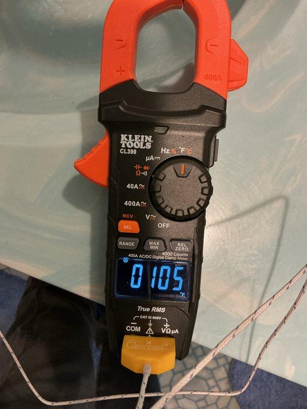 Responded to warranty service call for recently installed water heater not producing adequate hot water. Diagnosed system operating at only 105°F. Adjusted thermostat settings to increase temperature to 122°F, confirming proper operation with electrical testing equipment.