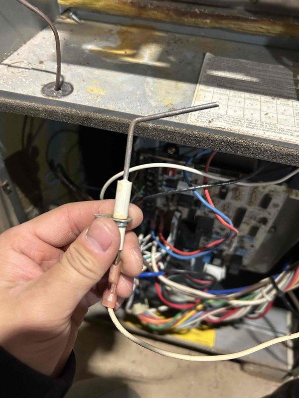 Performed comprehensive furnace tune-up with no significant issues identified. Checked gas train pressure (9.95 inWC), cleared debris from condensate drain line and trap, and verified proper operation of inducer motor, capacitor, pressure switch, control board, and thermostat. Detected elevated CO levels (83 ppm) and recommended installation of carbon monoxide detectors on both first and second floors.