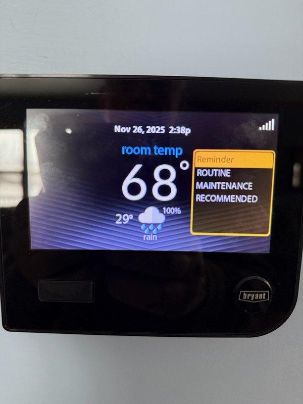 Responded to service call regarding "needs maintenance" alert displayed on Bryant thermostat following routine maintenance performed in August. Verified system was operating correctly with no active faults. Explained to homeowner that the notification was a standard reminder for scheduled maintenance rather than an operational issue. Reset maintenance reminder on thermostat.