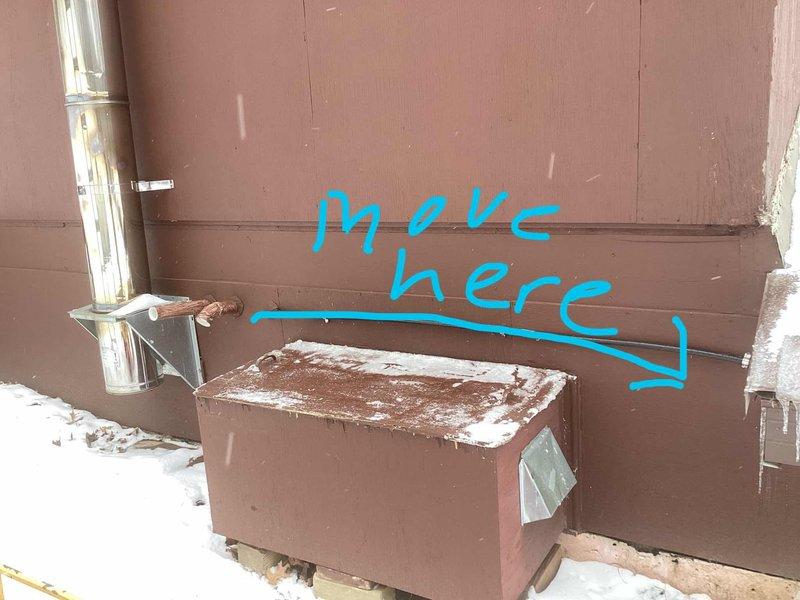 Responded to service call for 3-year-old Lennox furnace with failed PVC venting. Discovered PVC exhaust pipes had overheated and collapsed due to proximity to customer's woodstove. Documented damage with photos and completed temporary repairs. Submitted work order for installation team to relocate venting to safer location away from heat source, with proposed new location marked on exterior wall.