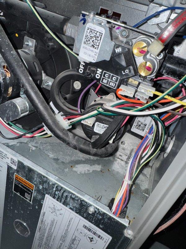 Responded to No Heat service call for a 4-5 year old Lennox natural gas system reporting error code E-205. Diagnosed issue with condensate drain line; found intake leaking with water backing up in-line drain. Cleared blockage in condensate system and verified proper drainage. System returned to normal operation after reset with no further error codes.
