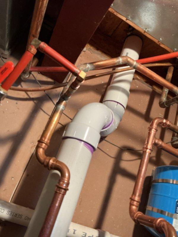 Responded to failed inspection regarding cellular core vent piping. Removed non-compliant cellular core PVC and installed code-compliant solid core PVC vent piping with appropriate connections and primer. Work completed to meet current plumbing code requirements for exposed vent piping.