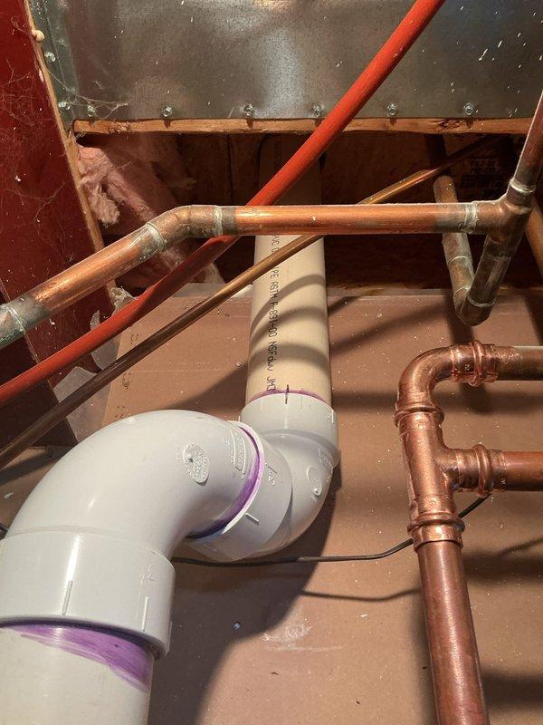 Responded to failed inspection regarding cellular core vent piping. Removed non-compliant cellular core PVC and installed code-compliant solid core PVC vent piping with appropriate connections and primer. Work completed to meet current plumbing code requirements for exposed vent piping.