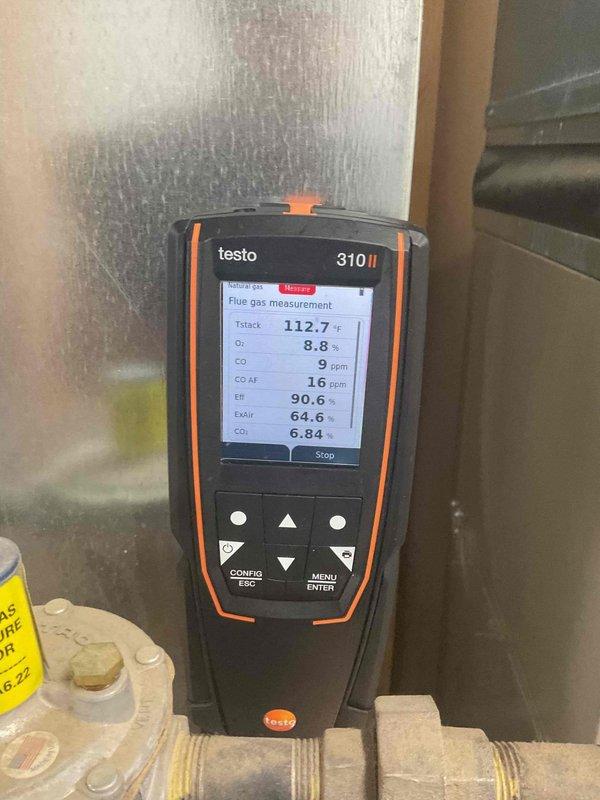 Performed semi-annual maintenance on 11-12 year old HVAC system. Identified and replaced dirty air filter and cleaned blower assembly. Conducted combustion analysis with Testo 310 II, confirming 90.6% efficiency with CO readings within acceptable parameters (9 ppm).
