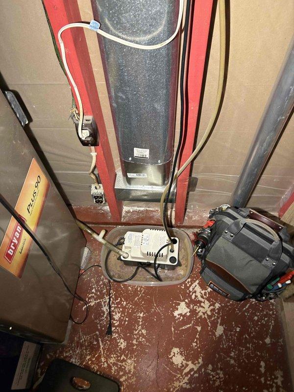 Performed comprehensive furnace tune-up on aging unit. Adjusted gas train pressure from 3.94 inWC to 3.40 inWC and cleared accumulated debris from condensate drain line and trap. Verified proper operation of all major components including inducer motor, capacitor, pressure switch, control board connections, and thermostat; noted moderate filter condition and advised homeowner about white soot buildup on secondary heat exchanger, recommending filter replacement and dust removal.