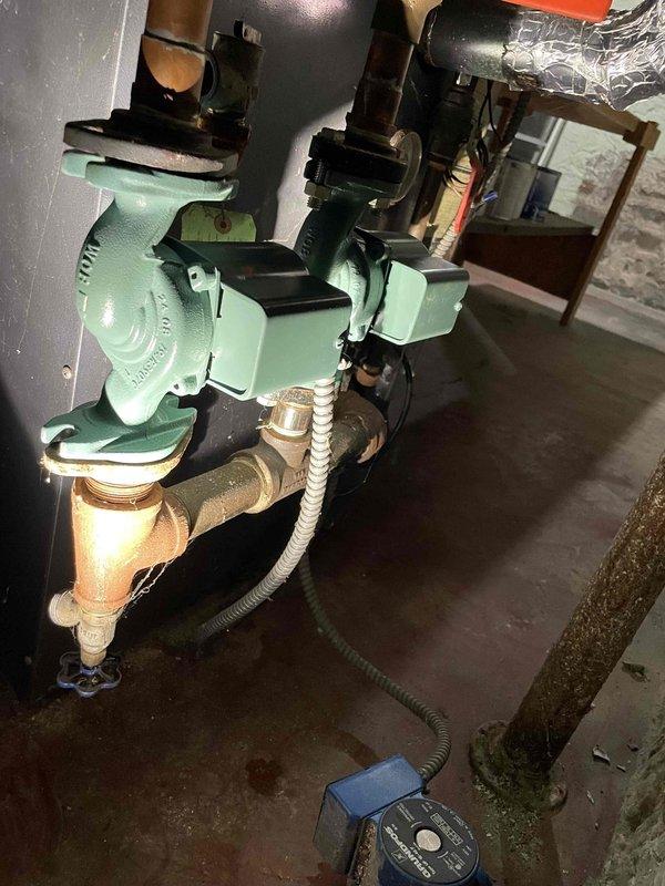 Completed sold repair for client's Weil-McLain boiler system by replacing the single stage control board and installing two new Taco circulator pumps. Performed complete system drain down and refill, followed by bleeding air from all cast iron radiators. Conducted comprehensive boiler tune-up and safety check, verifying proper operation and confirming absence of water leaks throughout the system.